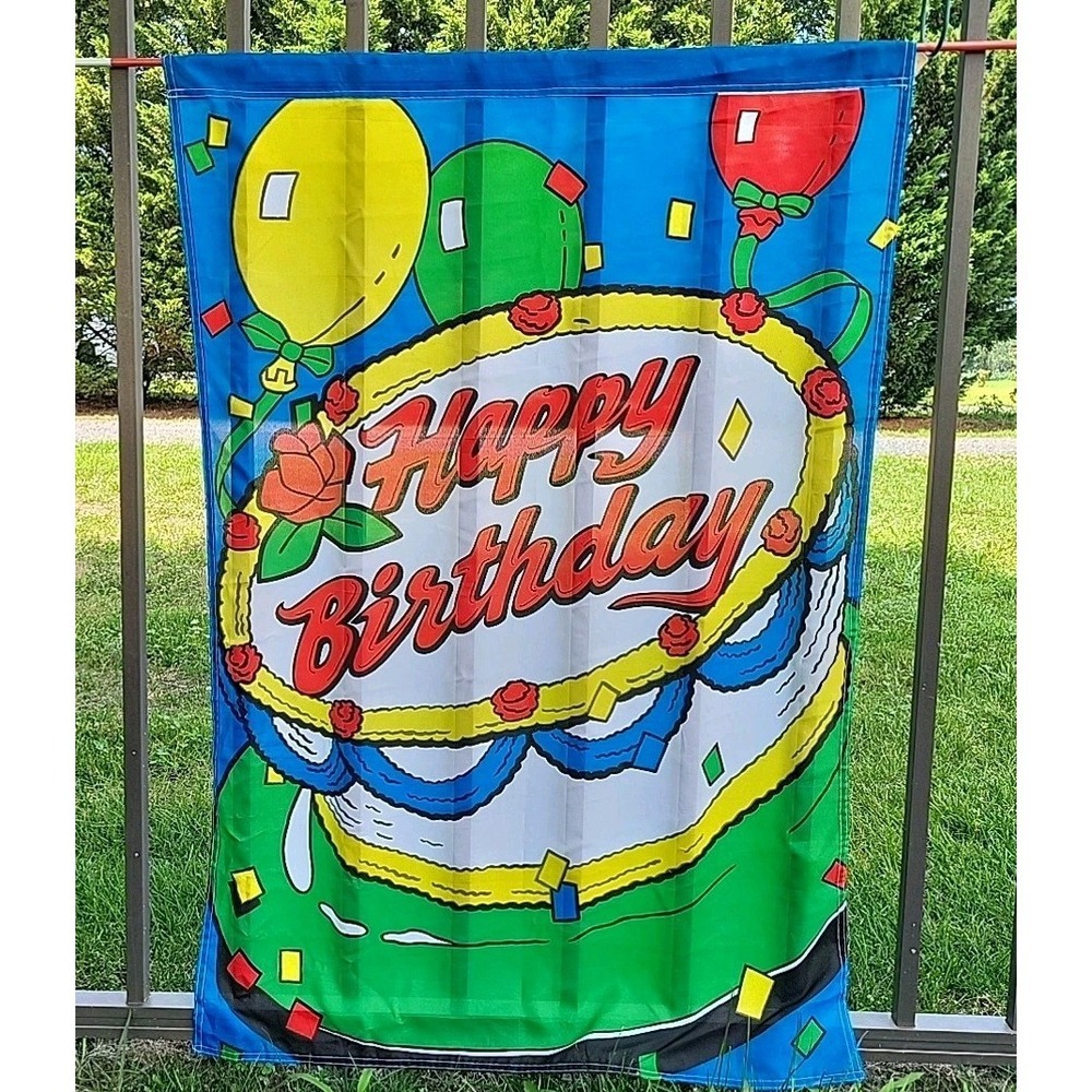 Happy Birthday Yard Garden ‎ Flag Balloons Cake 42" x 28" Colorful Celebration